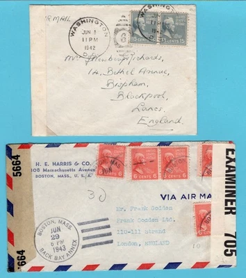 USA 2 censored air covers 1942-43 Washington, Boston to England with prexys - Image 1 of 2