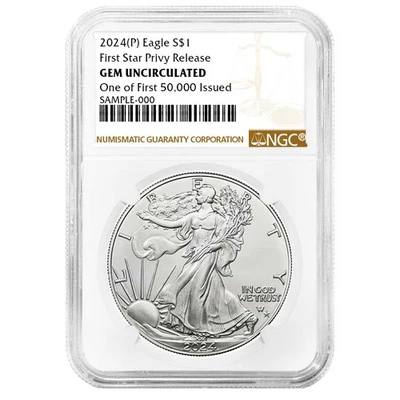 2024 (P) $1 American Silver Eagle Primera Estrella Privada Lanzamientos Uno de los primeros 50.000 Foto 1 de 3