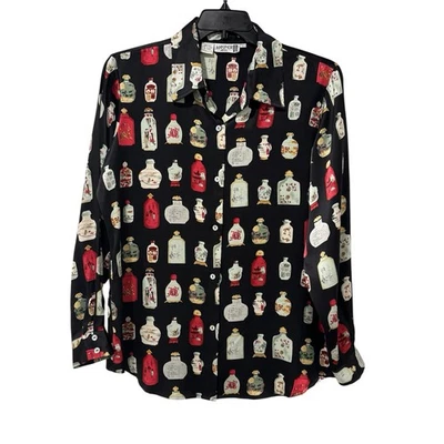 Kasper A.S.L. Blusa para mujer 100 % seda asiática con estampado de botella de perfume botón frontal L Foto 1 de 4