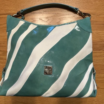 Vintage Dooney & Bourke Teal/White Zebra Print Large Leather Arm  Hobo Bag Purse - Image 1 of 4