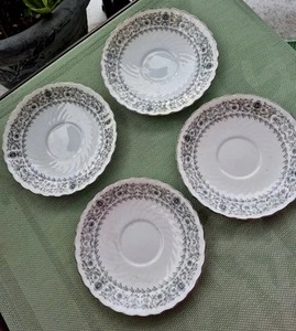Vtg White Saucer Bone China Gray Scrolls And Leaves Platinum Trim Set of 4 - Picture 1 of 12