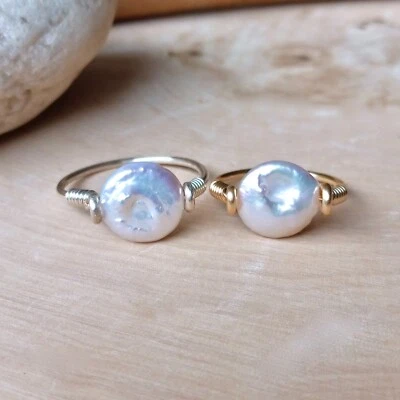 Freshwater Pearl Ring, Large Keshi Baroque Pearl, Wire Wrap, Gold or Silver Band - Image 1 of 4