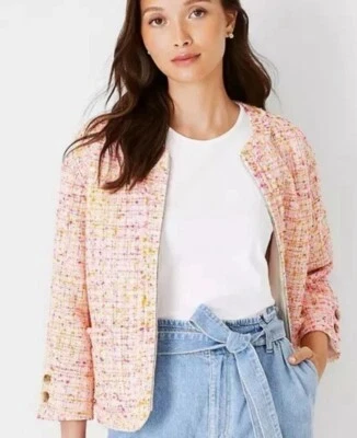 Cárdigan Blazer Ann Taylor Rosa Tweed Cremallera Chaqueta Talla 12 Sin Cuello Nuevo con Etiquetas Foto 1 de 4