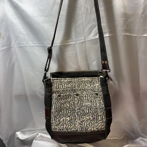 MYRA Shoulder CROSSBODY Boho Purse Leather & Corduroy Blue Gray Large 11x13 - Picture 1 of 11