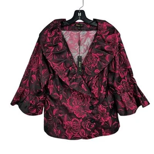 NWT Jerry T Black & Fuschia Pink Floral Print Button Front Jacket Womens Large - Picture 1 of 7