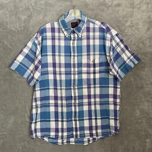 Vtg Haggar Casual Button Up Shirt Mens M Plaid Short Sleeve Blue Purple - Picture 1 of 10