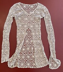 Vtg 70s size s crochet boho top Fairy Tunic Beige Pullover Open Weave