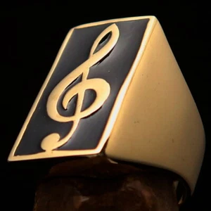 RECTANGLE SHAPED MENS BRASS BIKER RING TREBLE CLEF MUSIC SYMBOL BLACK SIZE 6 - Picture 1 of 6