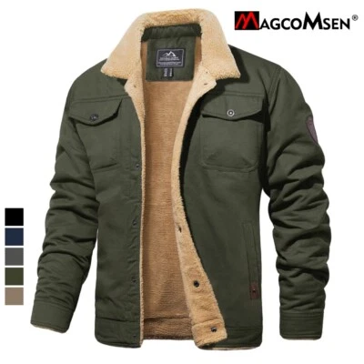 Men's Winter Warm Cotton Coat Fleece Lined Multi Pocket Thermal Outdoor Jackets  - Image 1 of 4
