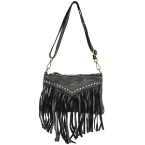 Tasche Vintage Leder Paul.hide Italienische Fransen Nieten Danielle Schwarz - Picture 1 of 4