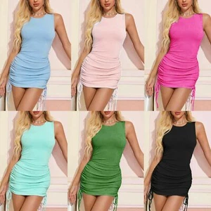 Women's Ruched Drawstring Bodycon Dress Sleeveless Rib Knit Bodycon Tank Dresses - Picture 1 of 19
