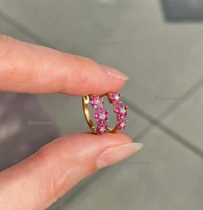 Natural Ruby & Real Diamond Floral Hoops Earrings 14k Solid Gold Flower Hoops - Picture 1 of 9