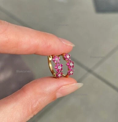 Natural Ruby & Real Diamond Floral Hoops Earrings 14k Solid Gold Flower Hoops - Image 1 of 4
