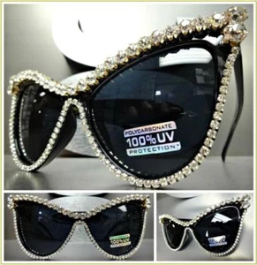OVERSIZED VINTAGE RETRO CAT EYE Style SUN GLASSES Huge Large Bling Black Frame - Picture 1 of 10