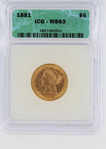 1881 Half Eagle Gold ICG MS63 $5 Philadelphia Minted Silver Coin Over Date Cover