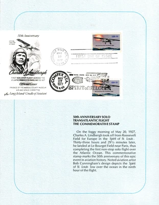 USPS FDC Ceremony Program #1710 C1 Lindbergh + 2nd Day COMPEX Solo Flight 1977 - Image 1 of 4