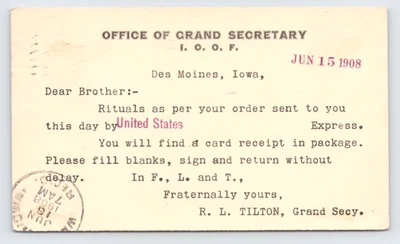 1908 IOOF Postcard Des Moines IA Office of Grand Secretary Fraternal Order - Image 1 of 3