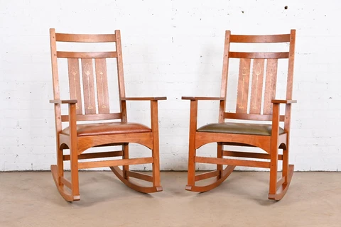 Stickley Harvey Ellis Collection Inlaid Cherry Wood Arts & Crafts Rocking Chairs Cover