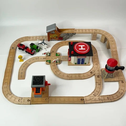 Thomas Wooden Railway Percy and Harold Rescue Set Track Hospital Quarry RARE Cover