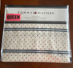  TOMMY HILFIGER  Queen  SHEET SET  Red DOTS / Blue STRIPES   COTTON / POLY NEW!