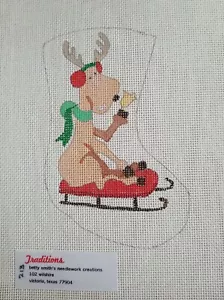 Needlepoint Canvas Betty Smith Sledding Reindeer Handpainted Christmas Stocking - Picture 1 of 5