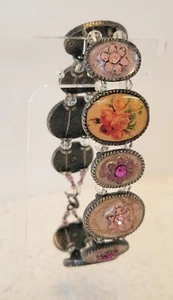 Alte Buchkette Armband bemalt Emaille Acryl Perlen Kamee Stil floral romantisch - Bild 1 von 9