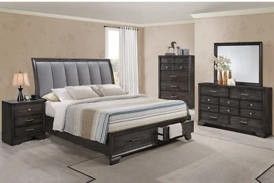 NEW Storage Queen King 5PC Dark Walnut Gray Rustic Platform Bed Set B/D/M/N/C - Image 1 of 4