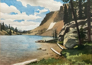 Vintage Original Miniature Water Color Painting Landscape Lake Trees -Signed - Picture 1 of 9