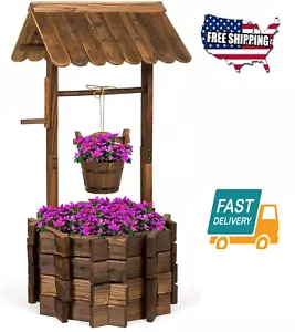 Home Décor Outdoor Garden Fir Wood Wishing Well Planter w/Hanging Bucket Lawn - Picture 1 of 6