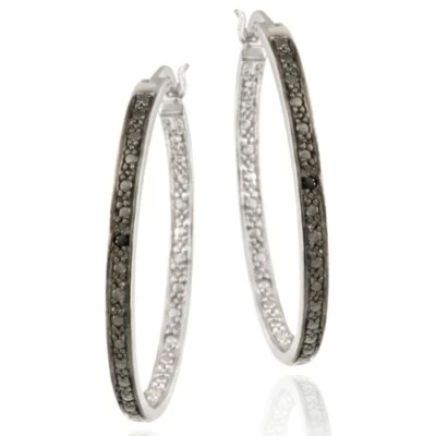 925 Silver Black Diamond Accent Hoop Earrings - Image 1 of 2