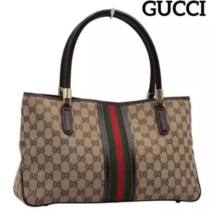 GUCCI GG Sherry Line Hand Bag Tote Bag 161717 Canvas Leather Brown Authentic - Picture 1 of 19