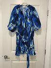 Ciebon M blue marbled pleated balloon sleeve belted dress button front 
