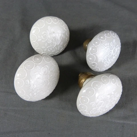 Set of 4 Vintage French Porcelain Door Round Handles Grey Porcelain of Paris Cover