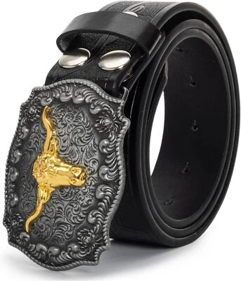 Western Cowboy-Belts for Men Big-Buckle Longhorn-Bull PU-Leather Rodeo Cowgirl-B - Image 1 of 4