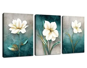 Flower Canvas Wall Art Cream White Floral Wall Decor Turquoise Tealish Grey B... - Picture 1 of 5