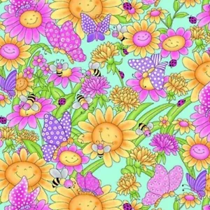 BOLT END 31 INCHES Flowers, Butterflies, and Bugs on Aqua Cotton FLANNEL Fabric - Picture 1 of 1