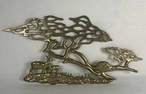 Arte de pared grande de 21” de colección de latón macizo vida silvestre ciervos árboles sabana paisaje escena - Imagen 1 de 14