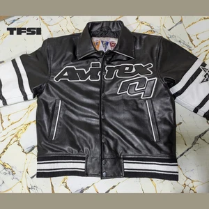 Men's Avirex Black USA Bomber Flight Brooklyn Jacket Real Cowhide Leather Jacket - Picture 1 of 5