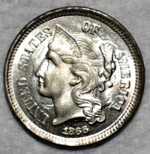 Brilliant Uncirculated 1866 Nickel Three Cent Piece, Cartwheeling & Blast-White! - Picture 1 of 2
