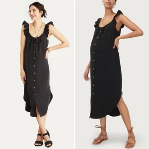 HATCH Maternity Size 1 (Small 4/6) Black Linen Jenna Flutter Button Midi Dress - Picture 1 of 6