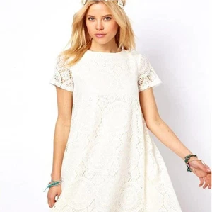 Women's 3/4XL White Lace Embroidery Short Sleeve Lace Dress Slim Fit Skirt - Picture 1 of 2