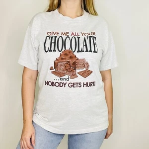 Vintage 80er 90er Schokoriegel Einzelnaht Humor grau T-Shirt Large Unisex - Bild 1 von 8