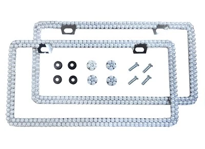 2 3D 2 Row White Pearls License Plate Frames Cover Made in USA Bling Pair AB - Image 1 of 4
