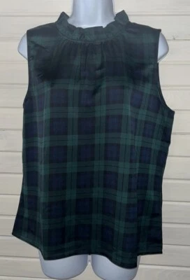 NUEVO CON ETIQUETAS J Crew Talla MEDIANA Azul Verde Cuadros Volantes Sin Mangas Blusa Camisa Pullover Foto 1 de 4
