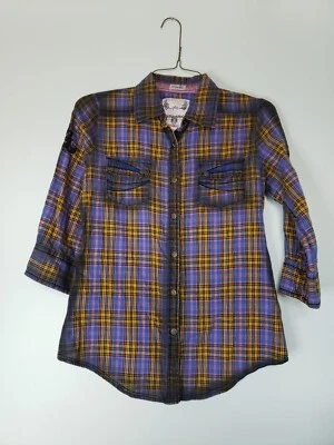 Bordado multicolorido feminino Passion to Roar tamanho M flanela botão para cima manga 3/4 - Imagem 1 de 4