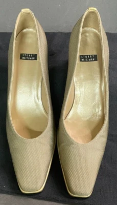 Stewart Weitzman Embellished Block Heels Square Toe Metallic Like Woven sz 7.5 B - Изображение 1 из 4
