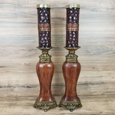 Embossed Crocodile Pillar Candles With Stand Holders And Brass Candle Rings - Image 1 of 4