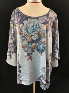 One World blouse top Size 1X 3/4 wide sleeve beads blue floral longer back - Picture 1 of 7