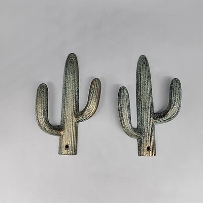 2 Cast Iron Green Gold Cactus Double Wall Hook Southwest Coat Towel Purse Hanger - Image 1 of 3