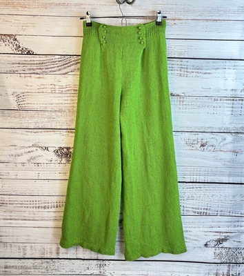 Calça de fundo de sino de crochê vintage M feita à mão década de 1970 verde limão retrô discoteca hippie - Imagem 1 de 4